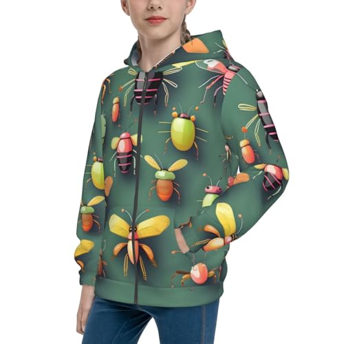 Insect Atlas Print Girls Athletic Zip Up Hoodies,Sweatshirts with Pockets Long Sleeve Hooded Jackets, for 7-18 Y