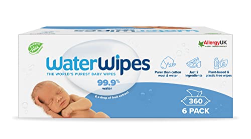 WaterWipes - Toallitas húmedas Originales sin plástico para bebés 360 unidades (6 paquetes), formuladas con un 99,9 % de agua y sin perfume, ideales para pieles sensibles