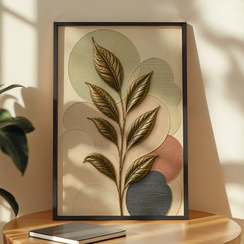 Image of NoWorries 3D Botanical Leaf Wall Painting with Frame Set of 1 | Premium Textured Gold Leaf Artwork, Modern Abstract Nature Wall Decor for Living Room, Bedroom, Office and Home Decoration (3d Art-11,17x25inch)