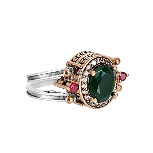 Turkish Handmade Jewelry Reversible Oval Cut Ruby Emerald Jade Topaz 925 Sterling Silver Ladie's Ring All Size #TOP2