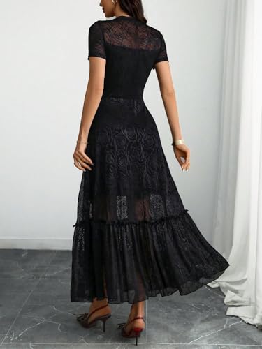 GothDark Womens Elegant Vintage Floral Lace Dress Short Sleeve Double Layer Gothic Midi Wedding Guest Cocktail Dresses2