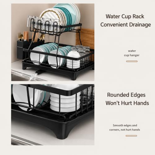 Image of HomeCloud 2-Tier Kitchen Dish Drying Rack & Drainer | Large Capacity Dish Stand with 360 Flexible Drainage System, Removable Drip Tray, Cutlery Holder & Cup Organizer for Countertop (Black)