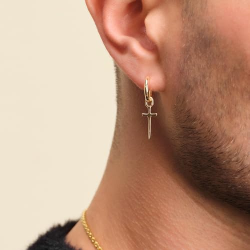 Mens Earrings Cross Earrings for Men, 14K Gold Hoop Earrings Men Drop Dangle Small Thick Chunky Sterling Silver Huggie Hoops Hypoallergenic Trendy Dainty Earrings Men Accessories Jewelry Valentine Day Gift2