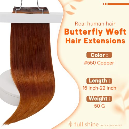 Image of Full Shine Butterfly Weft Hair Extensions Human Hair 20 Inch 50G Copper | Straight Natural Volume, Invisible PU Hole Handtied Weft, Remy Feel, Daily Styling for Women, Natural Blend Solution