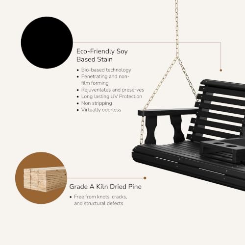 Image of Porchgate Amish Heavy Duty Console Porch Swing with Fold Down Cup Holders in Semi Solid Black Stain - Amish Made in The USA from Treated Pine, Hanging Chains Included