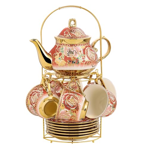 20 Pieces Porcelain Tea Set With Metal Holder, European Ceramic tea set for adults,Flower Tea Set,Tea Set For Women With Flower Painting