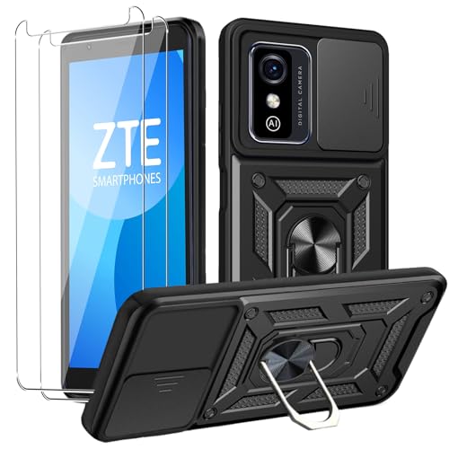 MEMELOKA Hülle für ZTE Blade L9 mit Schutzfolie [2 Stück], Kratzfest Militär Schutzhülle + 360° Drehbarer Ständer, TPU Stoßfeste Bumper Handyhülle mit Kamera Schiebeabdeckung, Schwarz