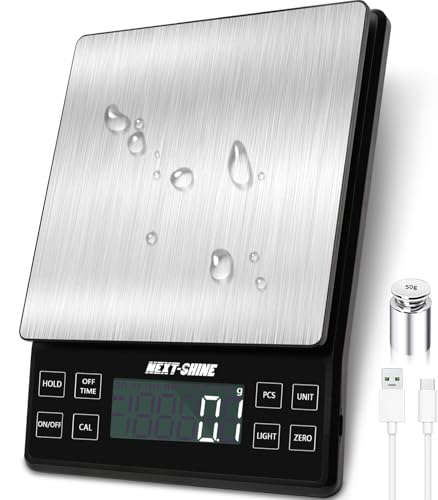 NEXT-SHINE Food Kitchen Scale 11lb, 0.1g/0.01oz Precise Graduation Rechargeable Digital Scale with Nine Units Large Tray Stainless Steel Platform LCD Display for Meal Prep Cooking Baking