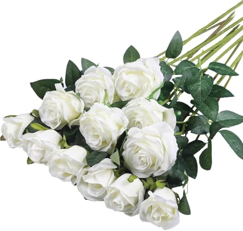 GIUSOBG 12 Pz Rose Finte in Seta Artificiale Bouquet 52cm Fiori Finti di Rosa con Steli Lunghi Bianco Fiori Artificiali Finte Artificiali per Decorazioni per la Casa di Nozze