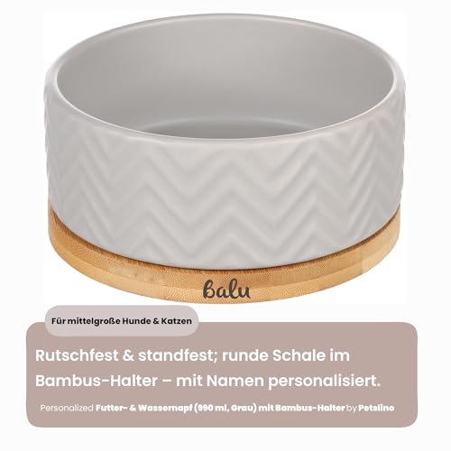 Personalisierter Bianco Keramiknapf 990 ml Bambus Grau – rutschfest, leicht & hygienisch – Futter- und Wassernapf – für mittelgroße Hunde und große Katzen – personalisiert mit Namen – Petslino