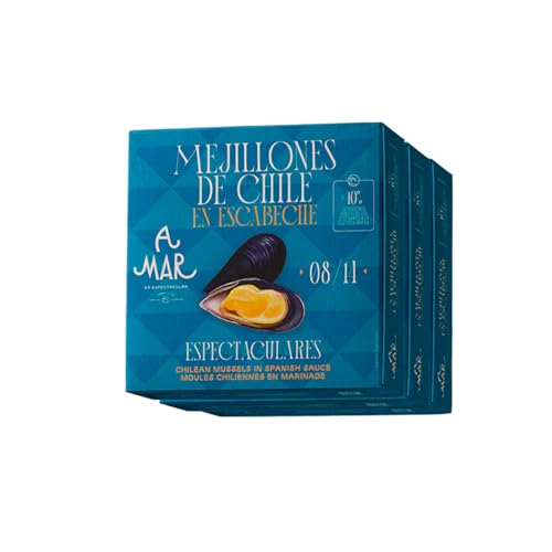 Mejillones en Escabeche Chilenos A Mar Espectacular – Pack de 3 latas 10-14 Mejillones - Conservas Gourmet ideales para tapas y aperitivo