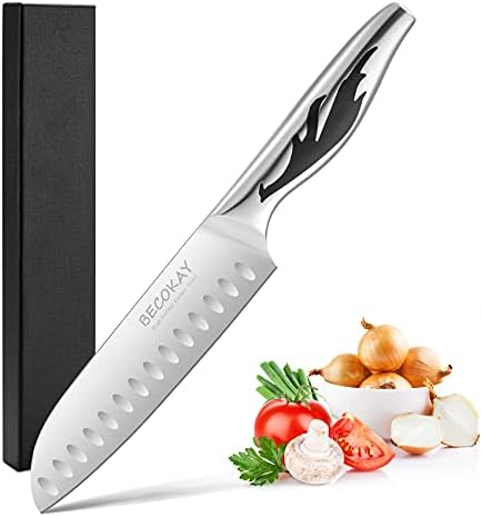 BECOKAY 7 Inch Santoku Knife, Ultra Sharp Kitchen Chef's Knives, High Carbon Stainless Steel Asian Japanese Chef Knife with Full Tang Handle Gift Case for Kitchen Chopping Meat Vegetable