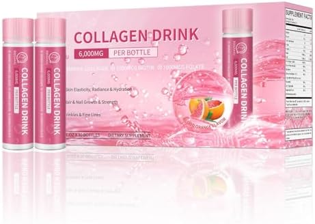 Collagen Drink with 6000 mg Marine Collagen Peptides, Liquid Collagen Shots for Women Support Beauty, Collagen Supplements for Skin, Hair and Nail Wellness, 0.85 Fl.Oz(25 ml)x30 Bottles, Blood Orange