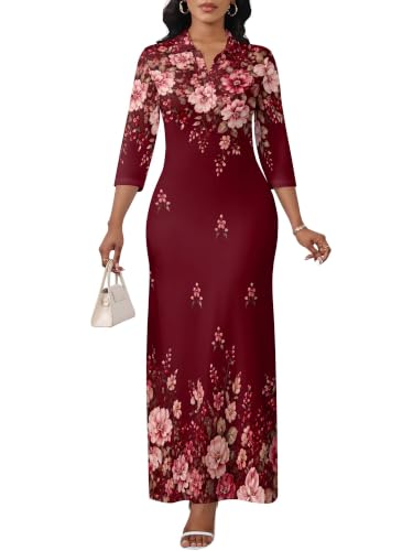 Image of PinkPatty Women's Casual 3 /4 Sleeve Polo V Neck Bodycon Maxi Dress