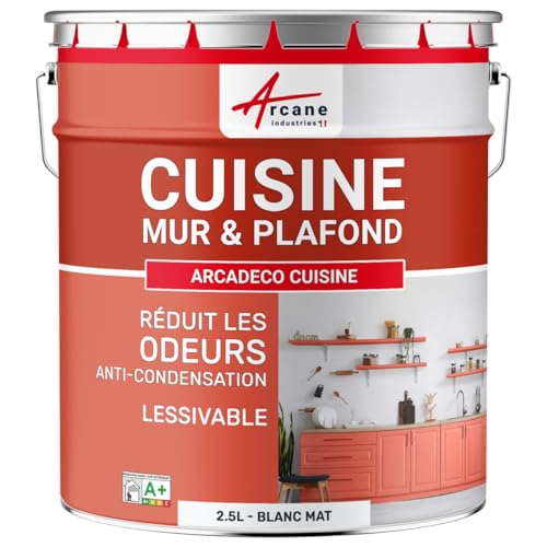 ARCANE INDUSTRIES Peinture cusine lessivable Mur et Plafond | Peinture Anti Odeur & pièce Humide | 29 Couleurs Disponibles : Arcadéco Cuisine - 2.5 L Blanc