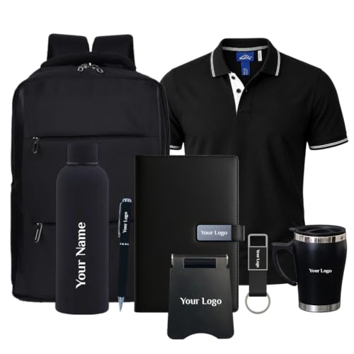 Image of Giftana 8 in 1 Backpack and Collar Tshirt with Personalized Diary & Pen, Keychain, Coffee Mug 400ml, Mobile Stand, Bottle 500ml Gift Set for Men, Employee Welcome Kit, Corporate Gift for Employees (S)
