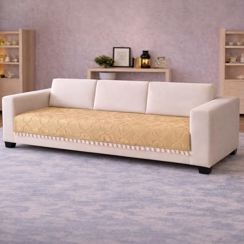 Image of Cortina Velvet Sofa Cover with Tassels | Sofa Couch Protector | Machine Washable Sofa Topper (White, 3 Seater)