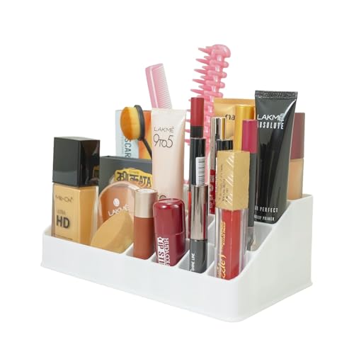 Image of Lazer Plastic Makeup Organizer for Vanity & Bathroom | 16 Compartment Cosmetic Storage Box for Lipsticks, Brushes, Makeup, Skincare & Desk Accessories | White