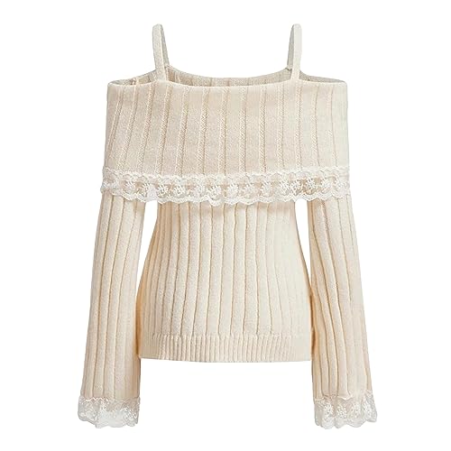 Women Off Shoulder Top Y2K Long Sleeve Lace Trim Knit Shirt Fashion Cute Solid Pullover Sweater3
