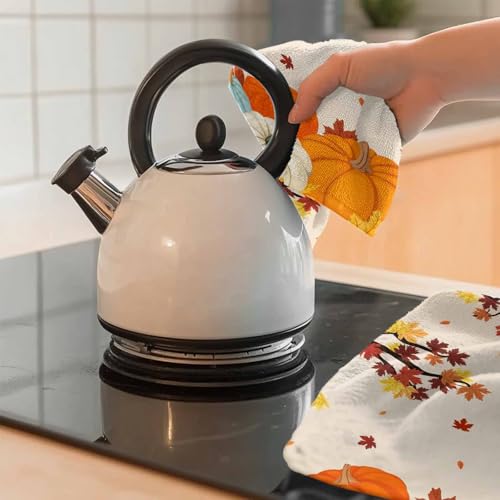 Image of Fall Kitchen Towels Orange Pumpkin Thanksgiving Hand Towels Maple Leaf Tree Dish Towel Cleaning Cloth Soft Absorbent Quick Drying 3 Pack Dish Cloths for Kitchen, Bathroom Autumn Decoration