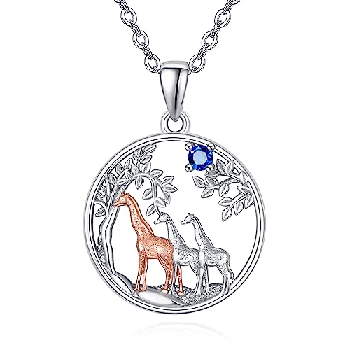 KINGWHYTE Giraffe Necklace Gifts for Women 925 Sterling Silver Three Giraffe Family Tree Pendant Birthstone Jewelry Birthday Gift for Her