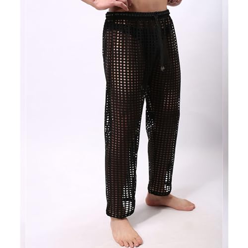 JEKE-DG Men's See Through Mesh Pant Fishnet Openwork Lingerie Pants Drawstring Sexy Long Pants Pajamas Bottoms2