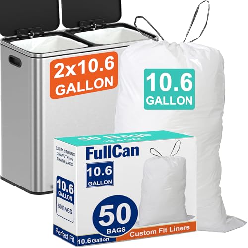 Image of 10.6 Gallon 50 Count Trash bags for Dual Compartment Trash Can (2 x 10.6 Gallon) Drawstring Kitchen Garbage Bags, Pre-Separated Heavy Duty 1.2 Mil Tear & Leak Resistant PERFECT FIT & GRAND SAVE!