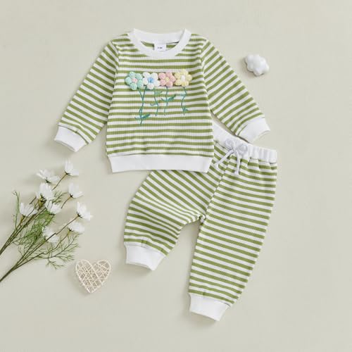 Amnnchya Toddler Clothes For Girls Baby 3D Flower Fall Winter Outfits Stripes Waffle Sweatshirt Pullover Cute Pants Set (Green, 12-18 Months)