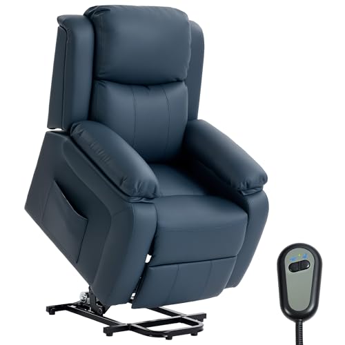HOMCOM Sillón Relax Eléctrico Reclinable Levanta Personas, Sillón Elevador, con Respaldo Alto, Control Remoto, Reposapiés, Acolchado Grueso, Tapizado en PU, Bolsillos Laterales, Azul Oscuro