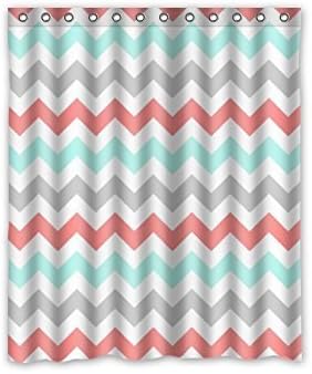 Coral,Light Green,Gray and White Chevron Zig Zag Pattern Waterproof Polyester Bath Shower Curtain Size 60x72 Inch