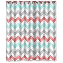 Coral,Light Green,Gray and White Chevron Zig Zag Pattern Waterproof Polyester Bath Shower Curtain Size 60x72 Inch