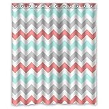 Coral,Light Green,Gray and White Chevron Zig Zag Pattern Waterproof Bathroom Fabric Shower Curtain,Bathroom decor 60