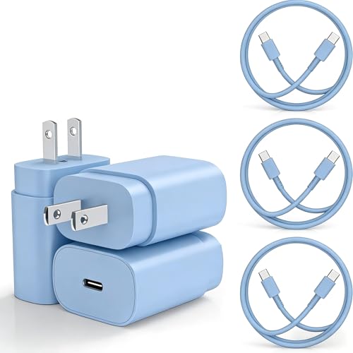 Image of Type-C Charger, 3X 25W PD USB-C Super Fast Charging Block &6 /10 /10ft Cables | PD Wall Charger Block &6 /10 /10ft USBC Cord for Samsung Galaxy S26 /S25 /S24 /S23 /S22 /S21 /S20 Plus /Ultra, Note 20 /10 /9 /8,S10 Blue