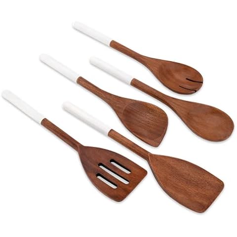 Chef Pomodoro Cooking Wooden Utensils, Spoons, Spatula for Kitchen, 5-Piece Set, 12" Long, Non Stick Cookware Tools or Utensils Includes Wooden Spoon, Spatula, Fork, Slotted Turner (White) Cover