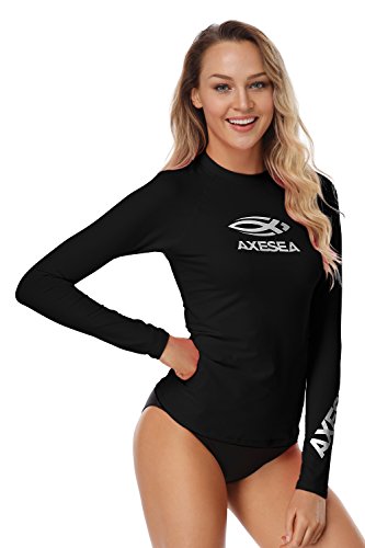 AXESEA Women Rash Guard Long Sleeve Active Top UPF 50+ Rashguard Swim Shirt Surf Swimwear,Black,Medium
