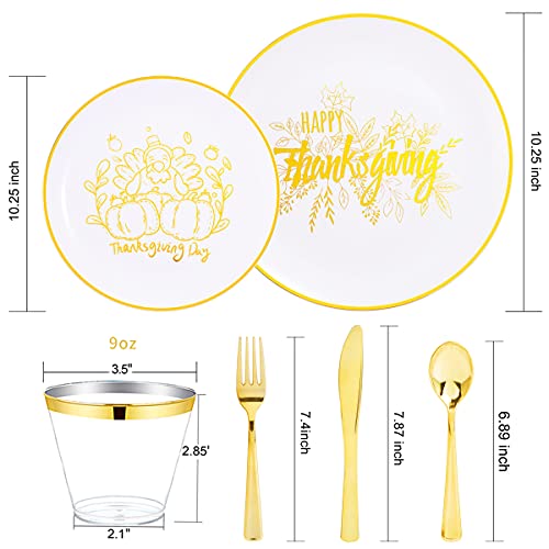 Kire 25 Guests Gold Plastic Plates - Thanksgiving Plates With Turkey Pattern & Gold Disposable Cutlery & Gold Plastic Cups - Perfect For Thanksgiving, Halloween, Parties, Autumn Holiday #TOP1