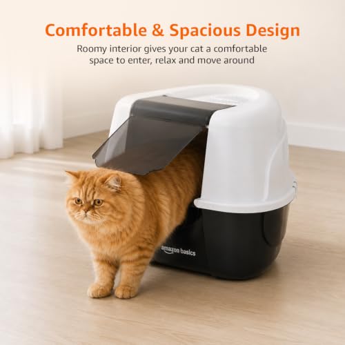 Image of Amazon Basics No-Mess Enclosed Cat Litter Box | Large Covered Litter Tray with Privacy Hood | Easy Clean Cat Washroom for Indoor Cats | White + Black | 44 X 50 X 60 cm