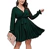 SCOMCHIC-Womens-Plus-Size-Long-Sleeve-Wrap-V-Neck-Tie-Waist-A-Line-Mini-Short-Dress SCOMCHIC Women's Plus Size Dress V Neck Long Sleeve Casual Short Mini Dress Emerald Green Wedding Party Dress 2XL
