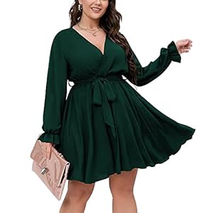 SCOMCHIC Women's Plus Size Dress V Neck Long Sleeve Casual Short Mini Dress Emerald Green Wedding Party Dress 2XL