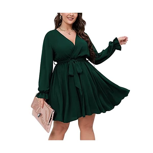 SCOMCHIC-Womens-Plus-Size-Long-Sleeve-Wrap-V-Neck-Tie-Waist-A-Line-Mini-Short-Dress SCOMCHIC Women's Plus Size Dress V Neck Long Sleeve Casual Short Mini Dress Emerald Green Wedding Party Dress 2XL