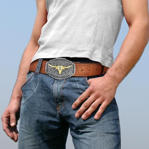 Image of Men Cowboy Belt, Western Cowgirl Big Letter Buckle Belts | Longhorn Bull Strap for Jeans Pants, Faux Leather Embossed Floral County Waistband