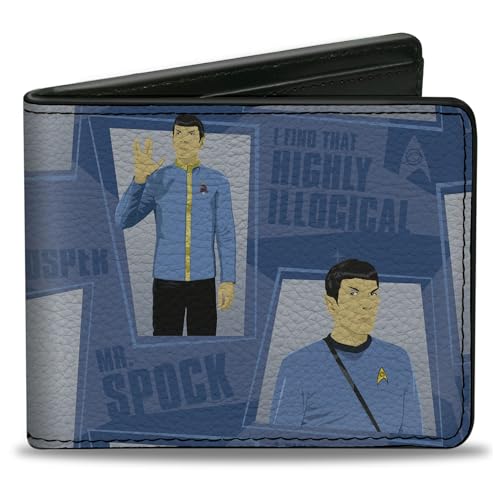 Buckle-Down Paramount Network Bifold Wallet with Standard Billfold and Card Slots, Classic Star Trek Spock Poses and Quotes Collage Blues, Vegan Leather