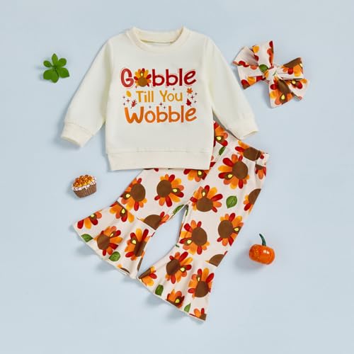 Userdefined Toddler Baby Girl Thanksgiving Outfit Letter Sweatshirt Turkey Print Bell Bottom Pants Fall Clothes Set2
