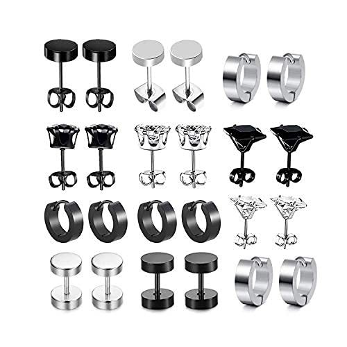 LIUJZZJ JZZJ 12 Pares de Pendientes Negros de Acero Inoxidable con circonitas cúbicas para cartílago de Oreja, Pendientes de ar（-）