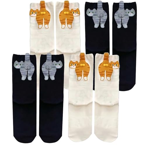 CPRNQY Calcetines para gatos, 4 pares, calcetines 3D para gatos, divertidos calcetines en blanco y negro, especialmente cómodos y suaves para todos los días, perfectos para amantes de los gatos y