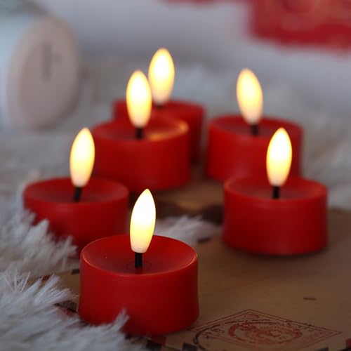 Image of CANDLE CHOICE Battery Operated Flameless Tea Lights Realistic Black Wick Bright Flickering LED Tealight Candles Wedding Table Centerpieces Halloween Christmas Decorations Batteries Incl. 6 Pack Red