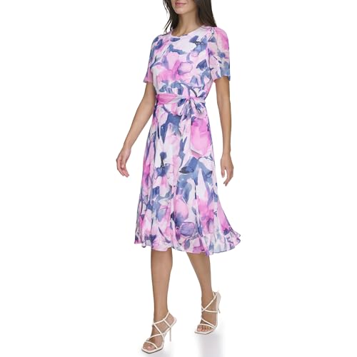 Image of DKNY Women's Flutter Sleeve Round Neck Waist Tie Midi Dress