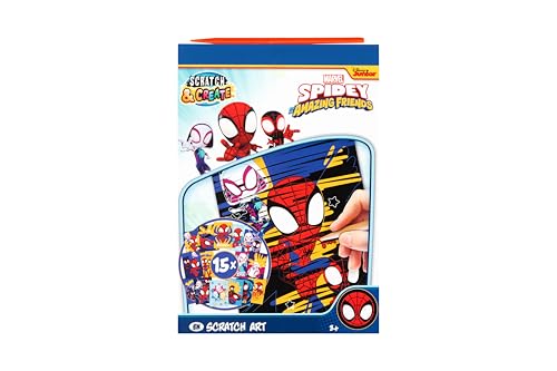 Disney Store Marvel Spidey Kratzbilder Buch A5 für Kinder | Scratch Art Bastelbuch mit 15 Motiven im A5 Format | Inklusive Holz-Kratzstift | Regenbogen-Farbeffekt | Kreativset ab 3 Jahren