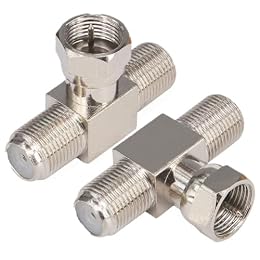 Kaunosta Coaxial Cable Splitter,T Shape TV Antenna Splitter/Combiner RG6 F Type Male to 2 Female 3 Way 2 in 1 Out F Coax T Adapter for TV Video VCR Antenna Satellite Consumer Television 2pcs