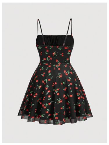 WDIRARA Women's Plus Size Cherry Print Tie Front Ruffle Hem A Line Cami Dress2